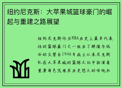纽约尼克斯：大苹果城篮球豪门的崛起与重建之路展望